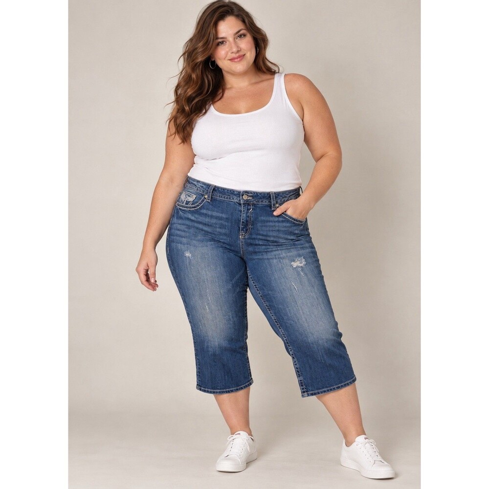 Vigoss Chelsea Capri Jeans Women's 24 Blue Distressed Embellished Denim